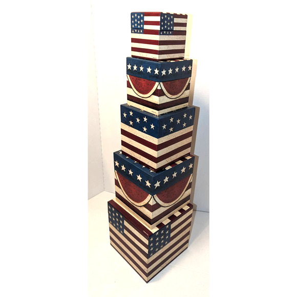 Warren Kimble COLONIAL FLAG Nesting Stacked Boxes Set of 5 Amcal - Picture 2 of 9